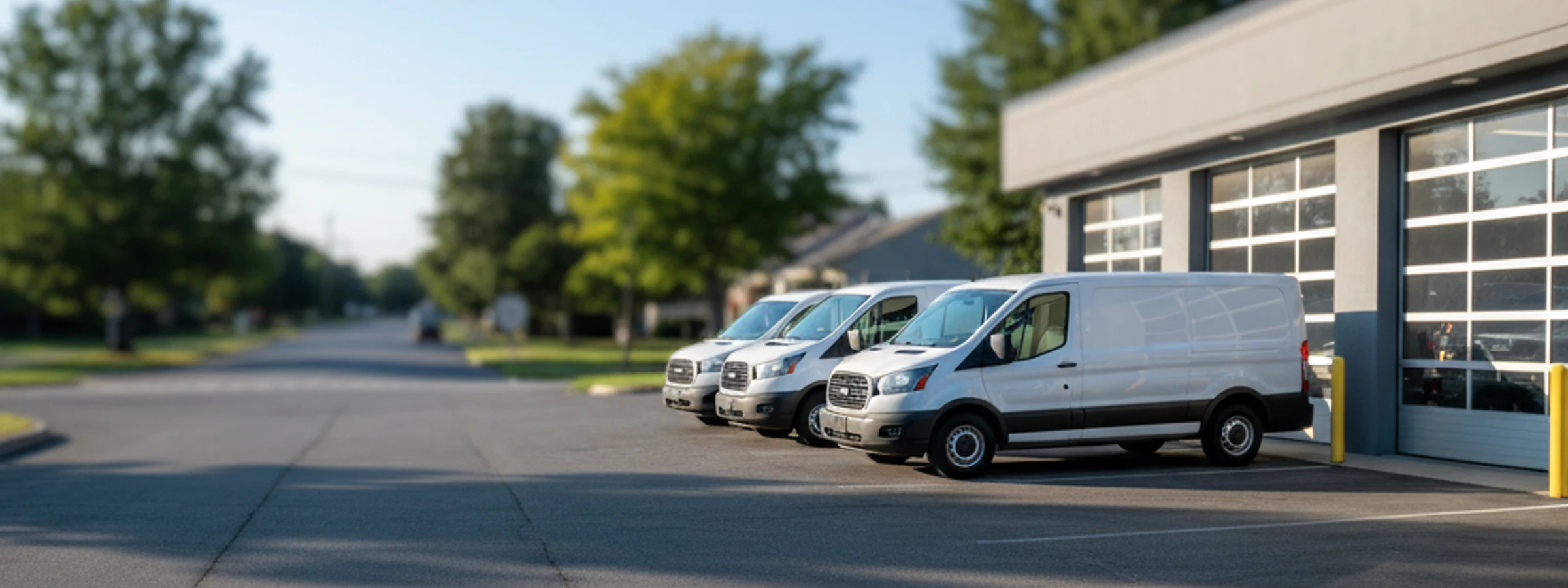Three clean white commercial work vans parked in a row in front of an auto shop